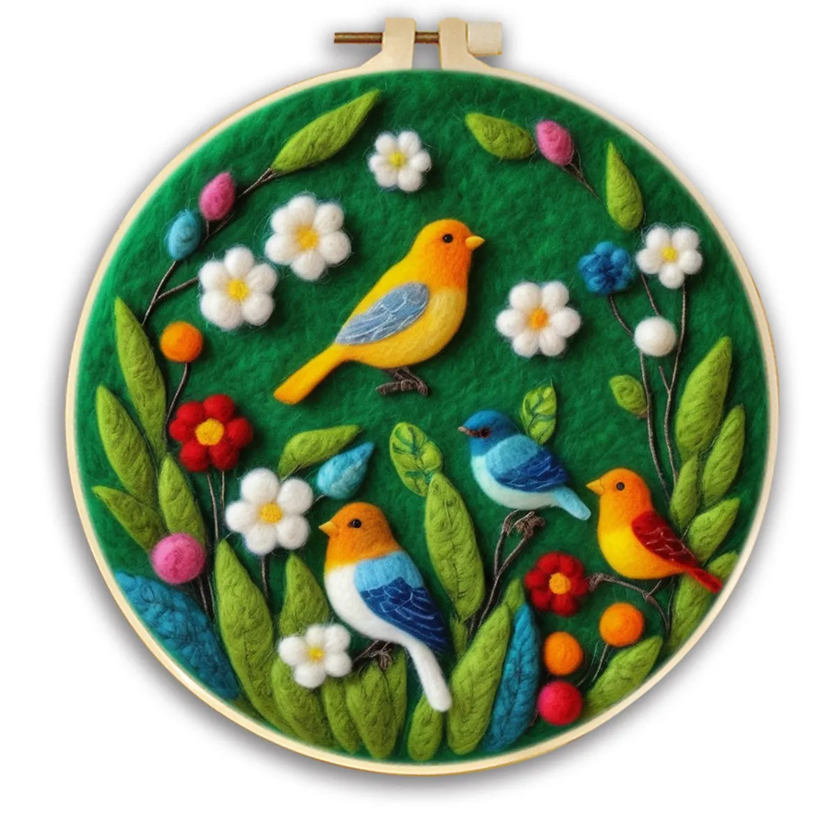 Round linen embroidery kit with wool felt for three-dimensional blanket paintings featuring botanical patterns