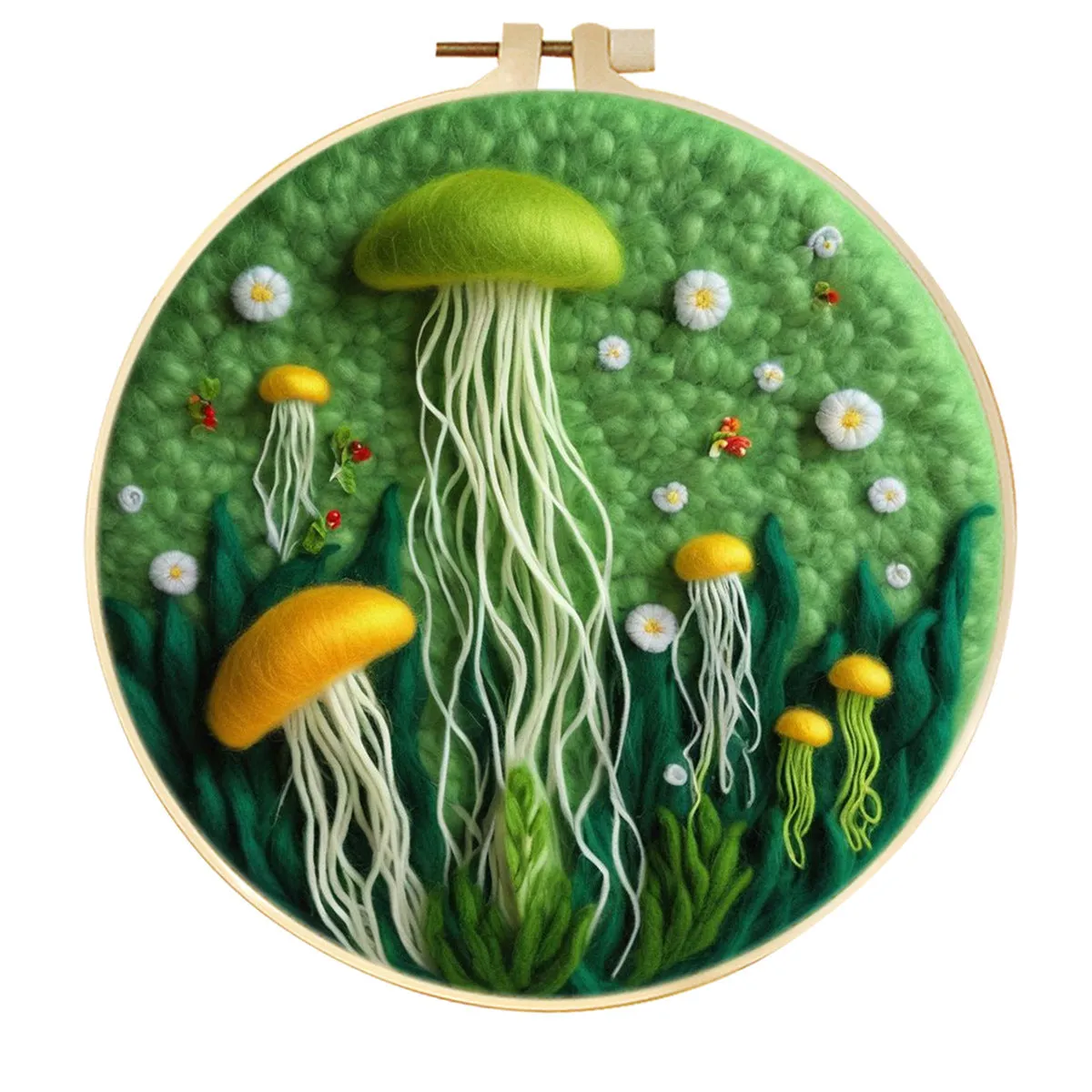 Round linen embroidery kit with wool felt for three-dimensional blanket paintings featuring botanical patterns