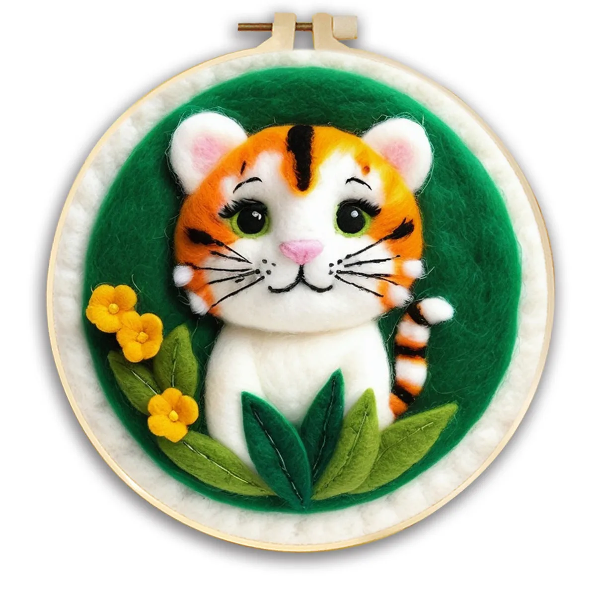 Round linen embroidery kit with wool felt for three-dimensional blanket paintings featuring botanical patterns