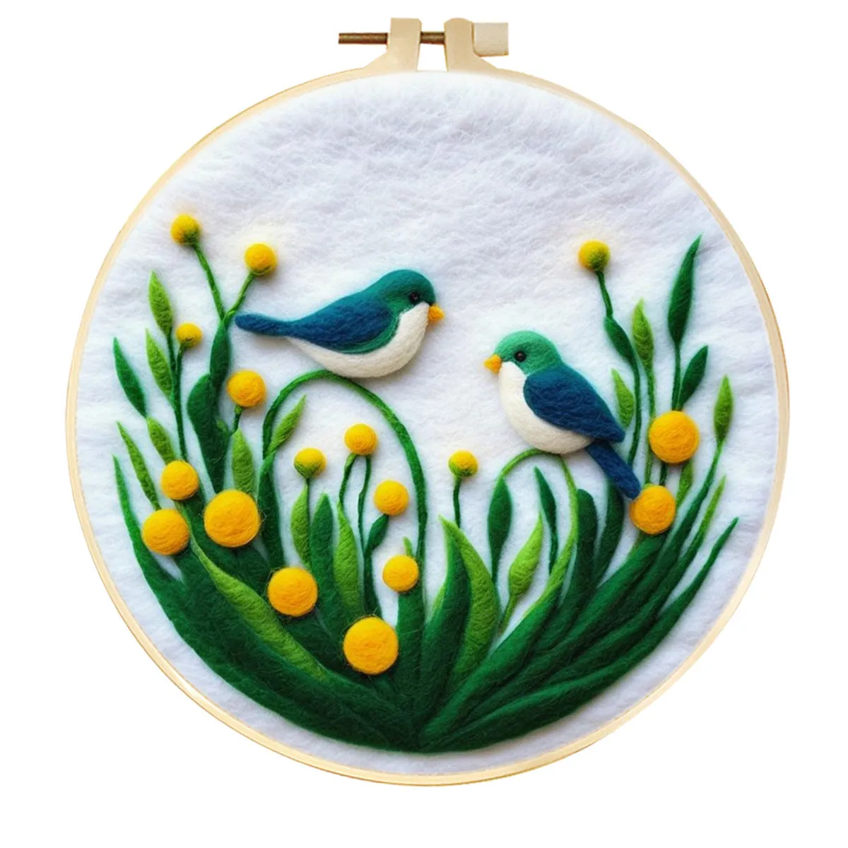 Round linen embroidery kit with wool felt for three-dimensional blanket paintings featuring botanical patterns