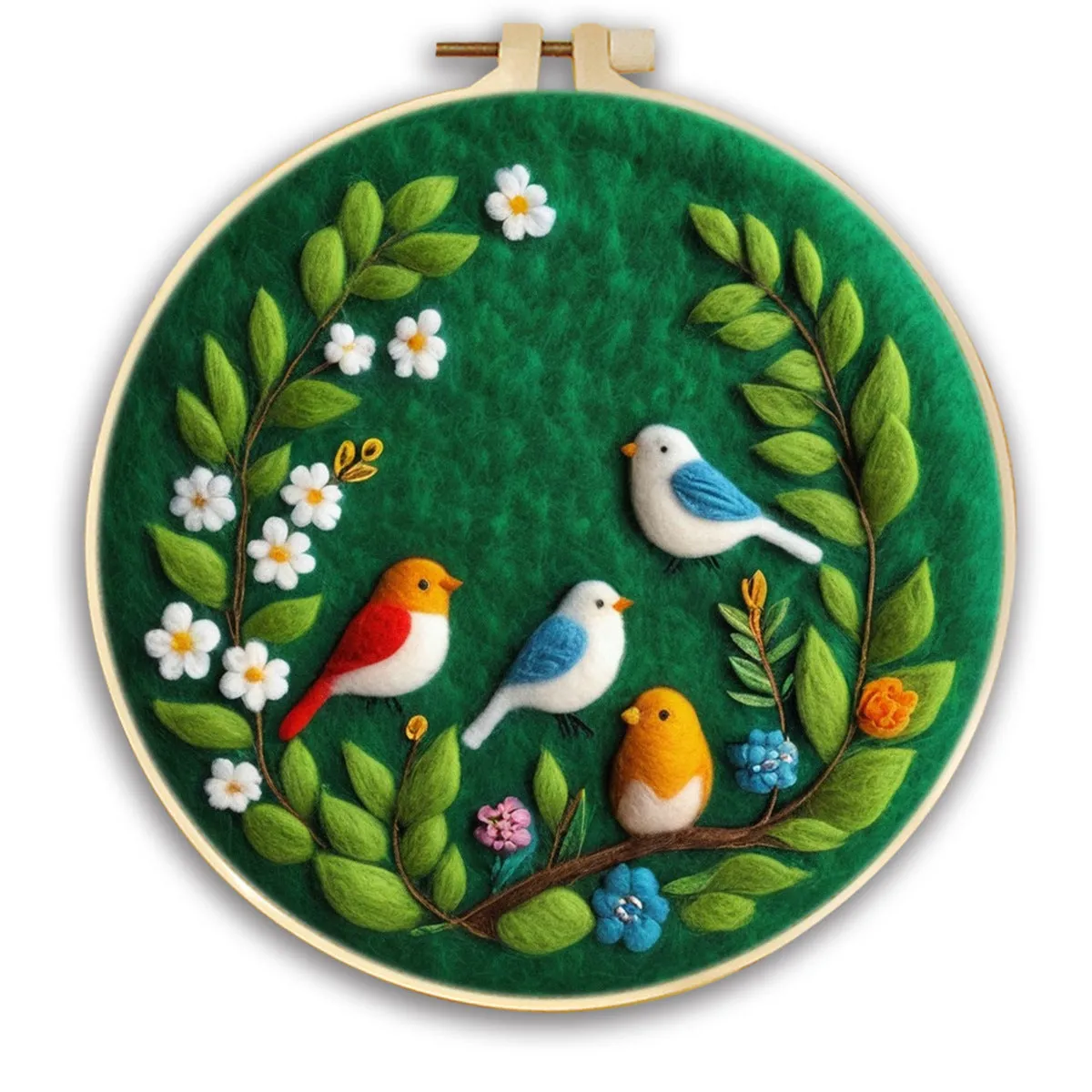 Round linen embroidery kit with wool felt for three-dimensional blanket paintings featuring botanical patterns