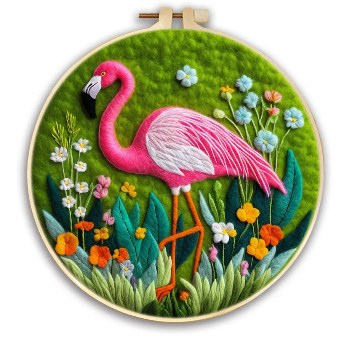 Round linen embroidery kit with wool felt for three-dimensional blanket paintings featuring botanical patterns
