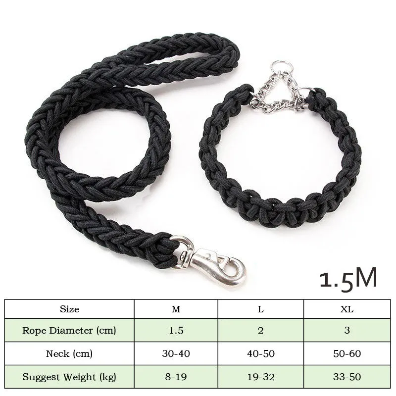 Heavy duty nylon braided dog collar and leash set in black, with 360-degree rotatable hook, for training and walking large dogs.