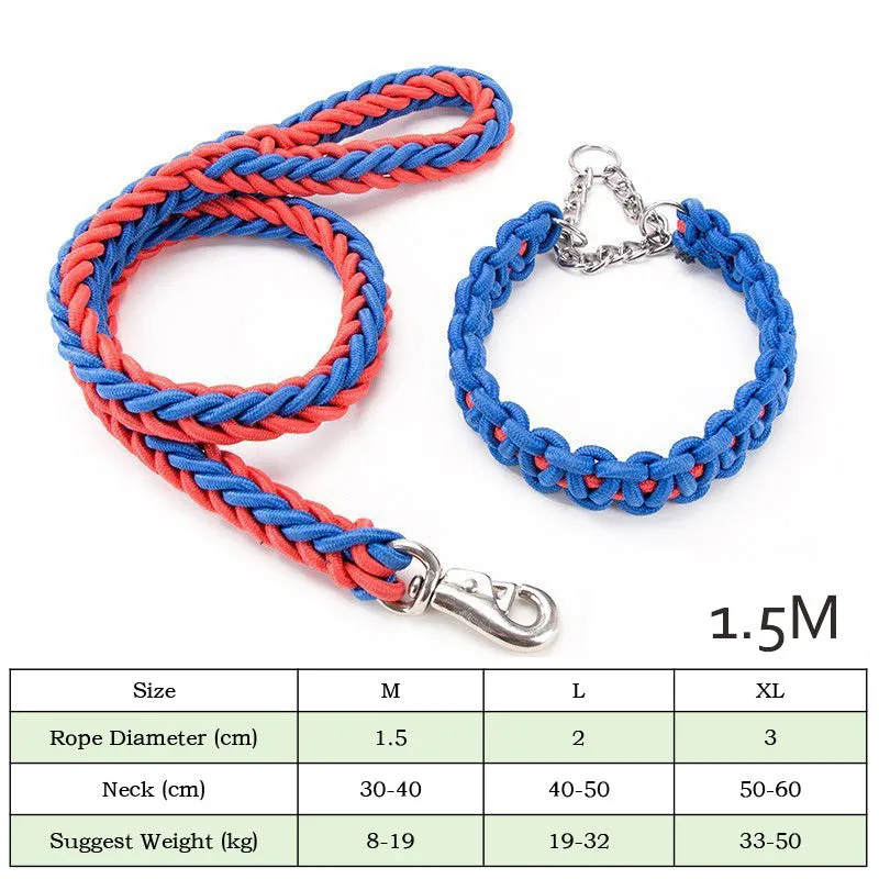 Heavy duty nylon braided dog collar and leash set in black, with 360-degree rotatable hook, for training and walking large dogs.