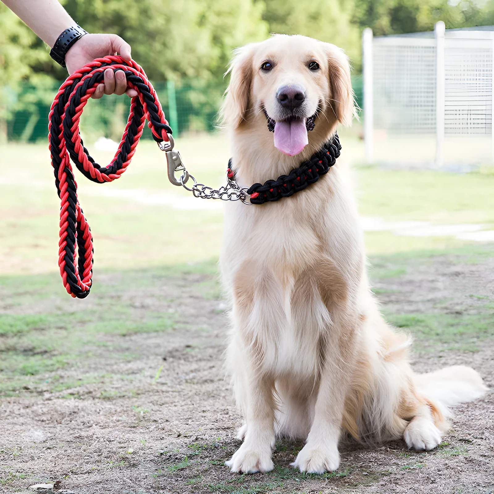 Heavy duty nylon braided dog collar and leash set in black, with 360-degree rotatable hook, for training and walking large dogs.