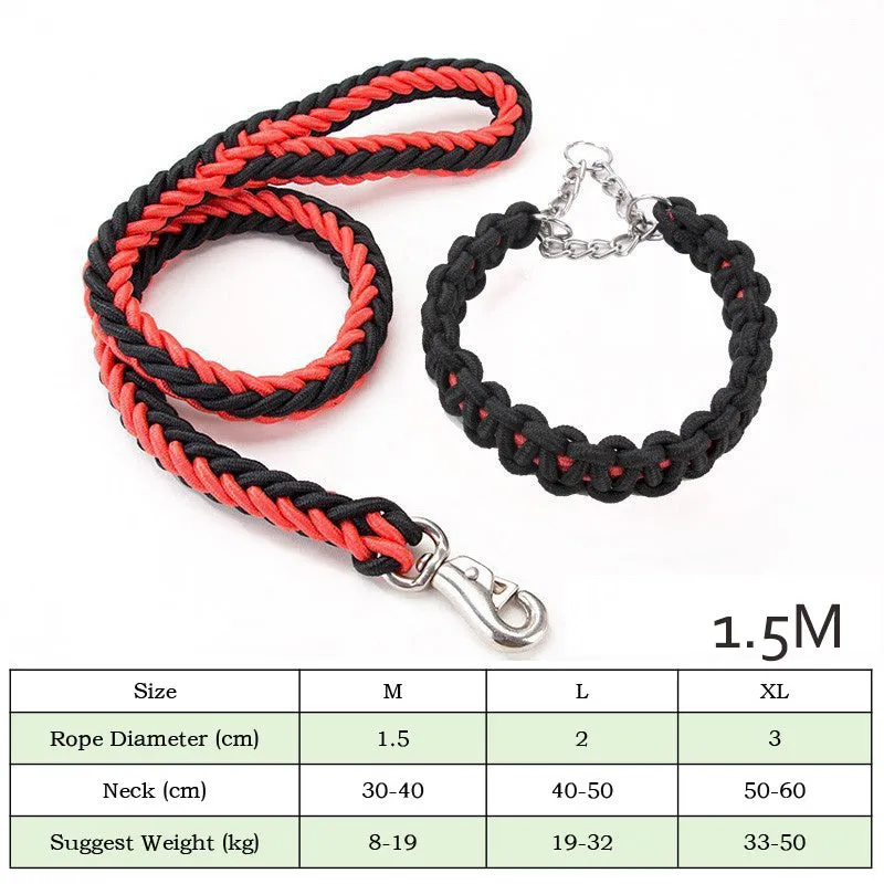 Heavy duty nylon braided dog collar and leash set in black, with 360-degree rotatable hook, for training and walking large dogs.