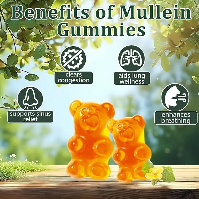 Bottle of Mullein 50:1 extract pear-flavoured vegan pectin gummies, 60 count