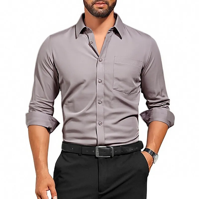 Men's breathable stretch wrinkle-resistant long sleeve polyester shirt in Pearl White laid flat showing front view