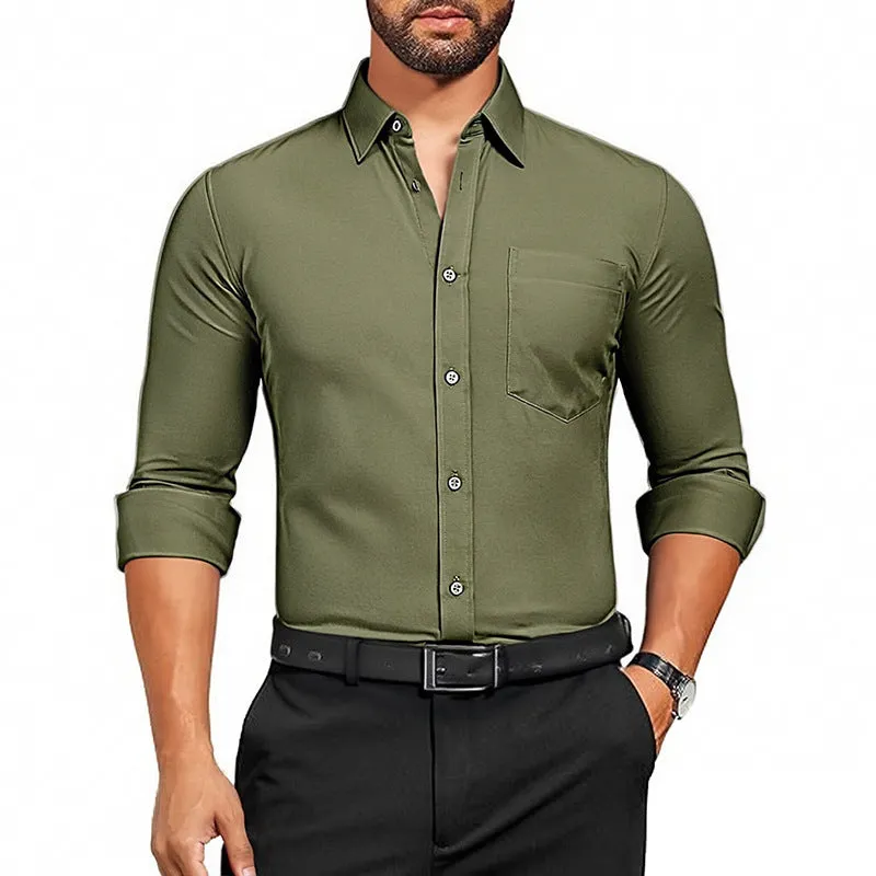 Men's breathable stretch wrinkle-resistant long sleeve polyester shirt in Pearl White laid flat showing front view