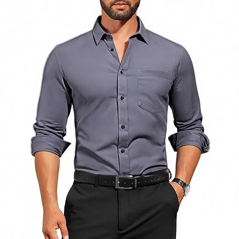 Men's breathable stretch wrinkle-resistant long sleeve polyester shirt in Pearl White laid flat showing front view