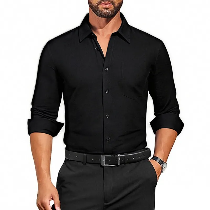 Men's breathable stretch wrinkle-resistant long sleeve polyester shirt in Pearl White laid flat showing front view