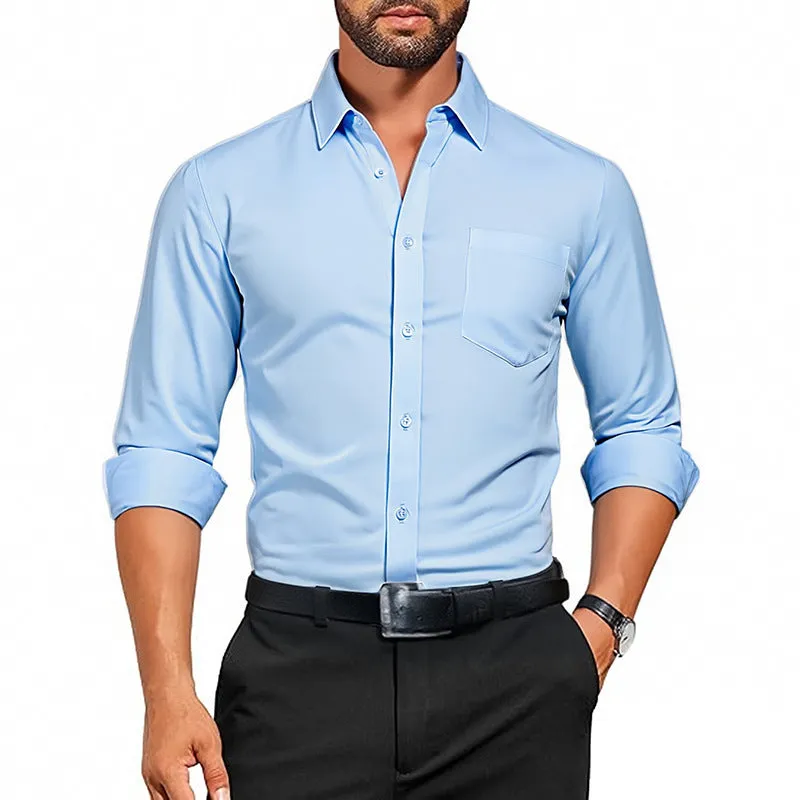 Men's breathable stretch wrinkle-resistant long sleeve polyester shirt in Pearl White laid flat showing front view