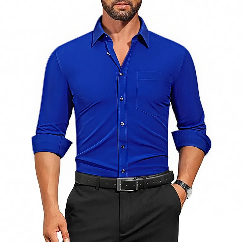Men's breathable stretch wrinkle-resistant long sleeve polyester shirt in Pearl White laid flat showing front view