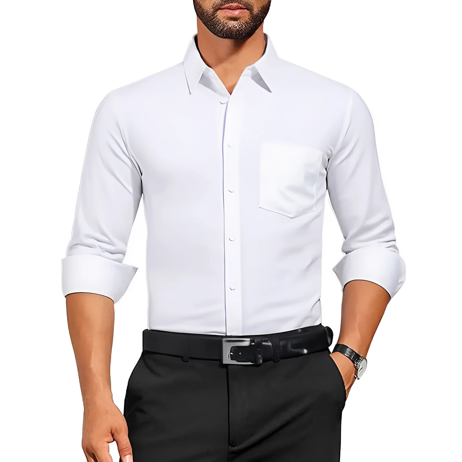 Men's breathable stretch wrinkle-resistant long sleeve polyester shirt in Pearl White laid flat showing front view
