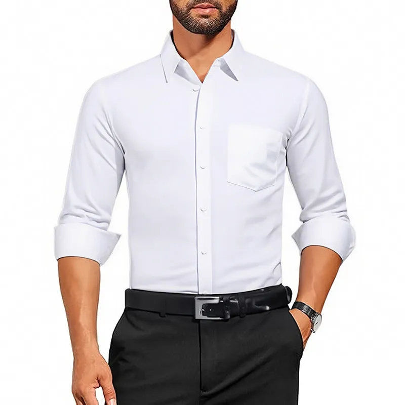 Men's breathable stretch wrinkle-resistant long sleeve polyester shirt in Pearl White laid flat showing front view