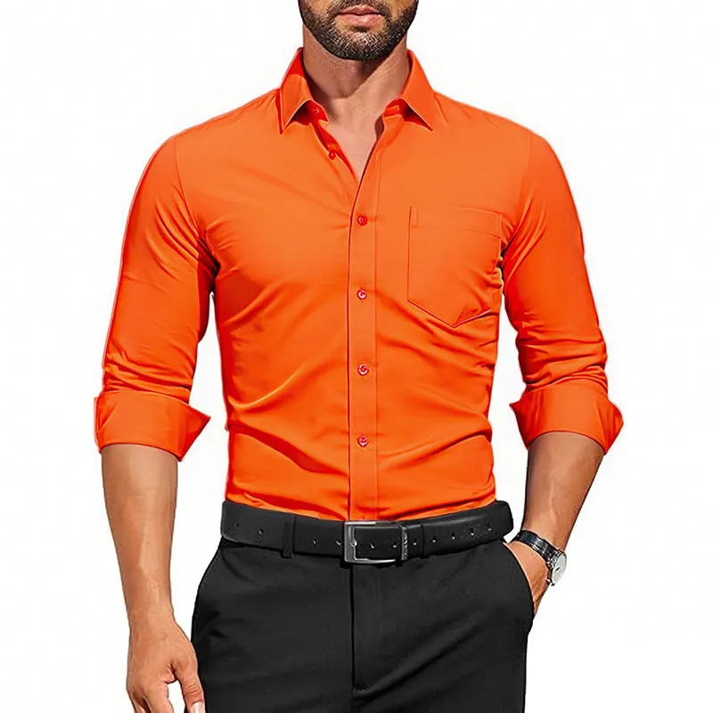 Men's breathable stretch wrinkle-resistant long sleeve polyester shirt in Pearl White laid flat showing front view