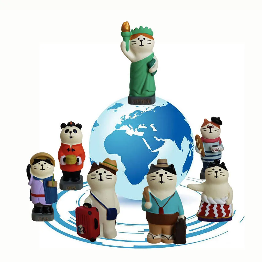 Cartoon cat Statue of Liberty resin statue holding a world globe, Carp Cat and Earth Instrument Cat styles.