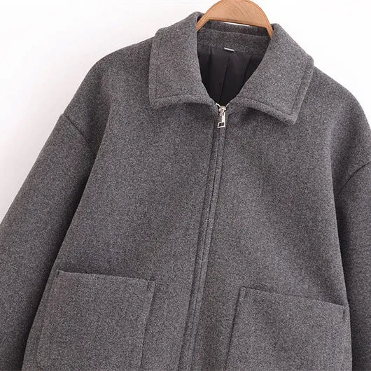 Women's grey PU short jacket with shirt collar and front zipper, regular fit with long sleeves