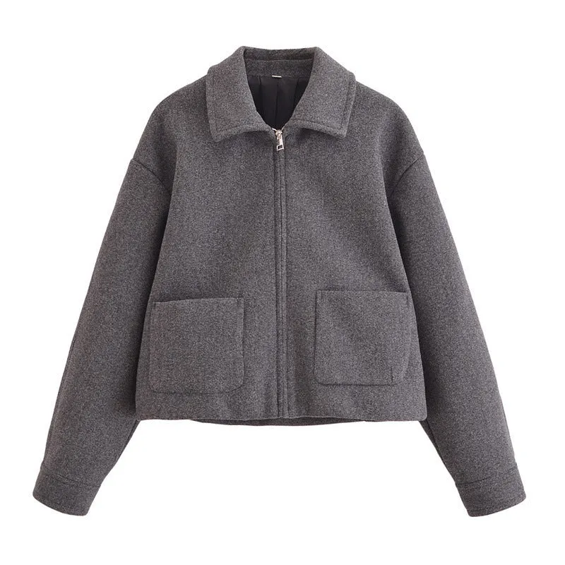 Women's grey PU short jacket with shirt collar and front zipper, regular fit with long sleeves