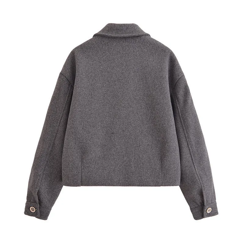 Women's grey PU short jacket with shirt collar and front zipper, regular fit with long sleeves