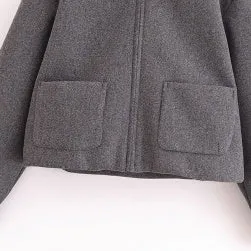 Women's grey PU short jacket with shirt collar and front zipper, regular fit with long sleeves