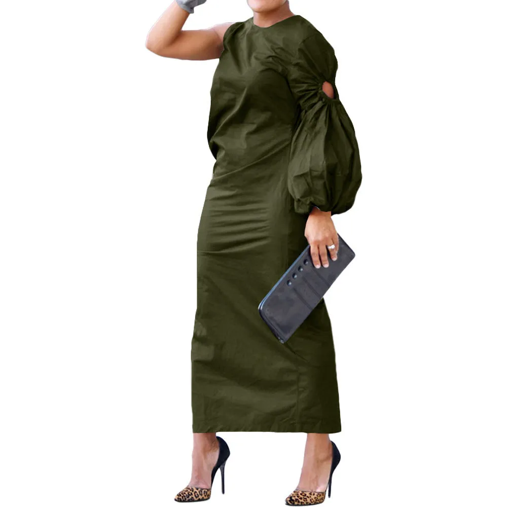 Women's solid colour single-sleeve long dress with elastic waist and side slit in army green