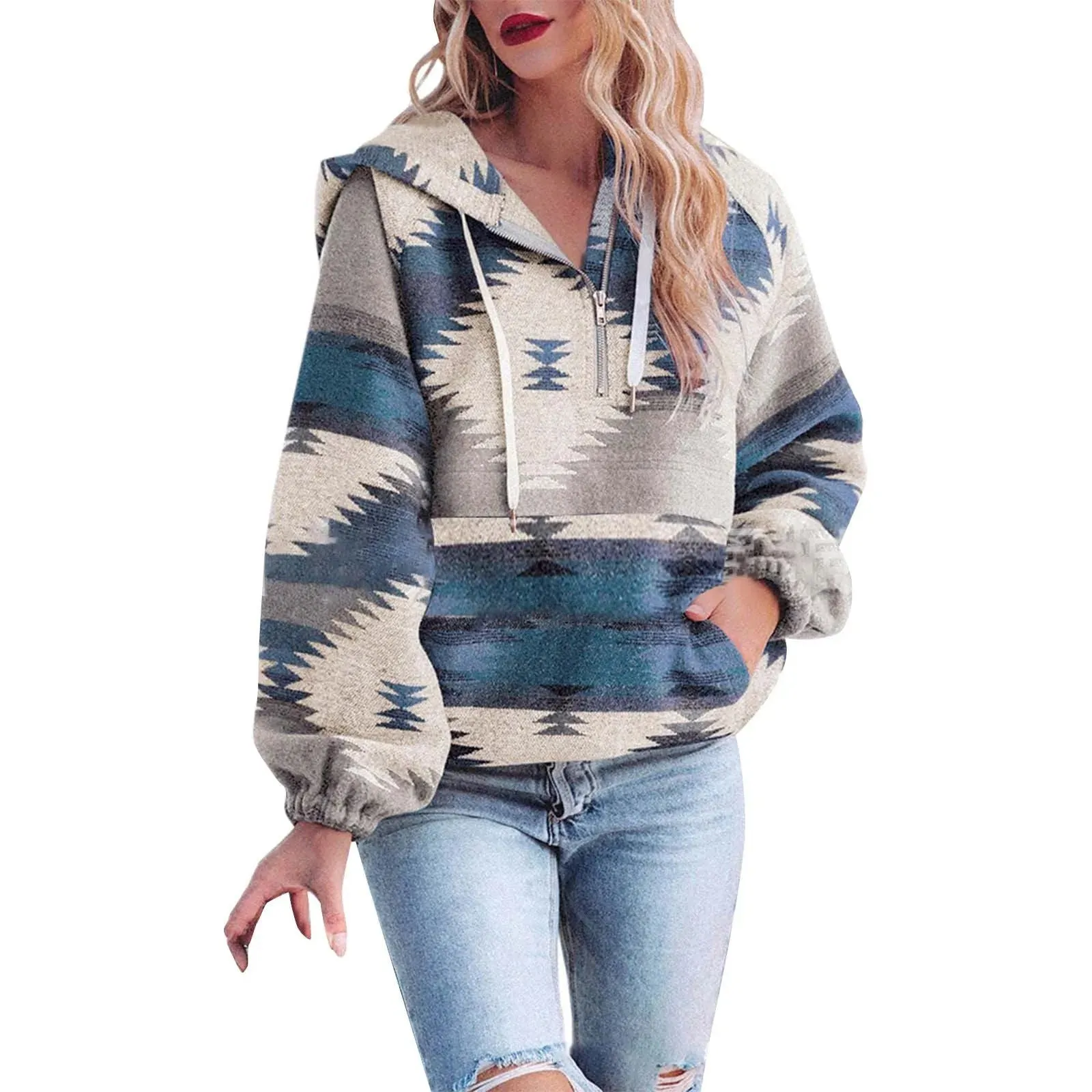 Women's retro fashion half-zip long sleeve sweatshirt with digital print, loose fit pullover in polyester, colour M2590801
