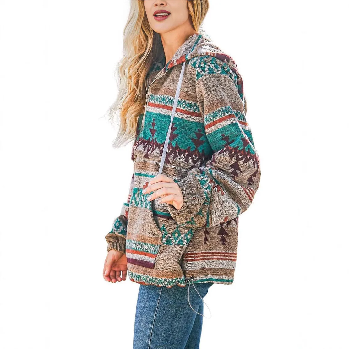 Women's retro fashion half-zip long sleeve sweatshirt with digital print, loose fit pullover in polyester, colour M2590801