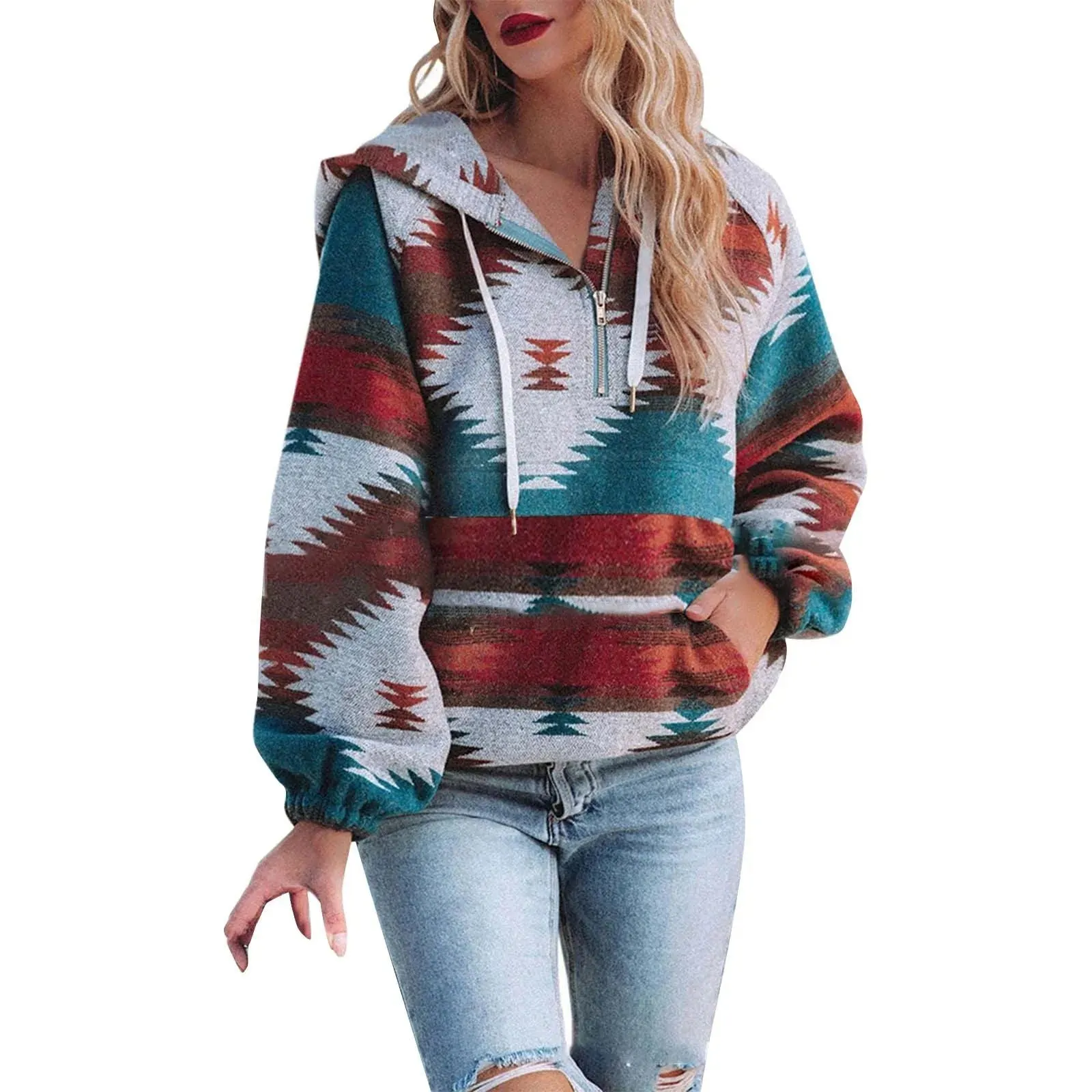Women's retro fashion half-zip long sleeve sweatshirt with digital print, loose fit pullover in polyester, colour M2590801