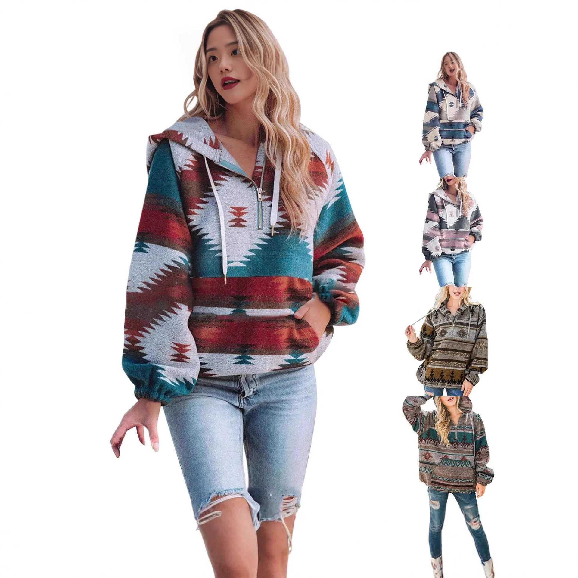 Women's retro fashion half-zip long sleeve sweatshirt with digital print, loose fit pullover in polyester, colour M2590801