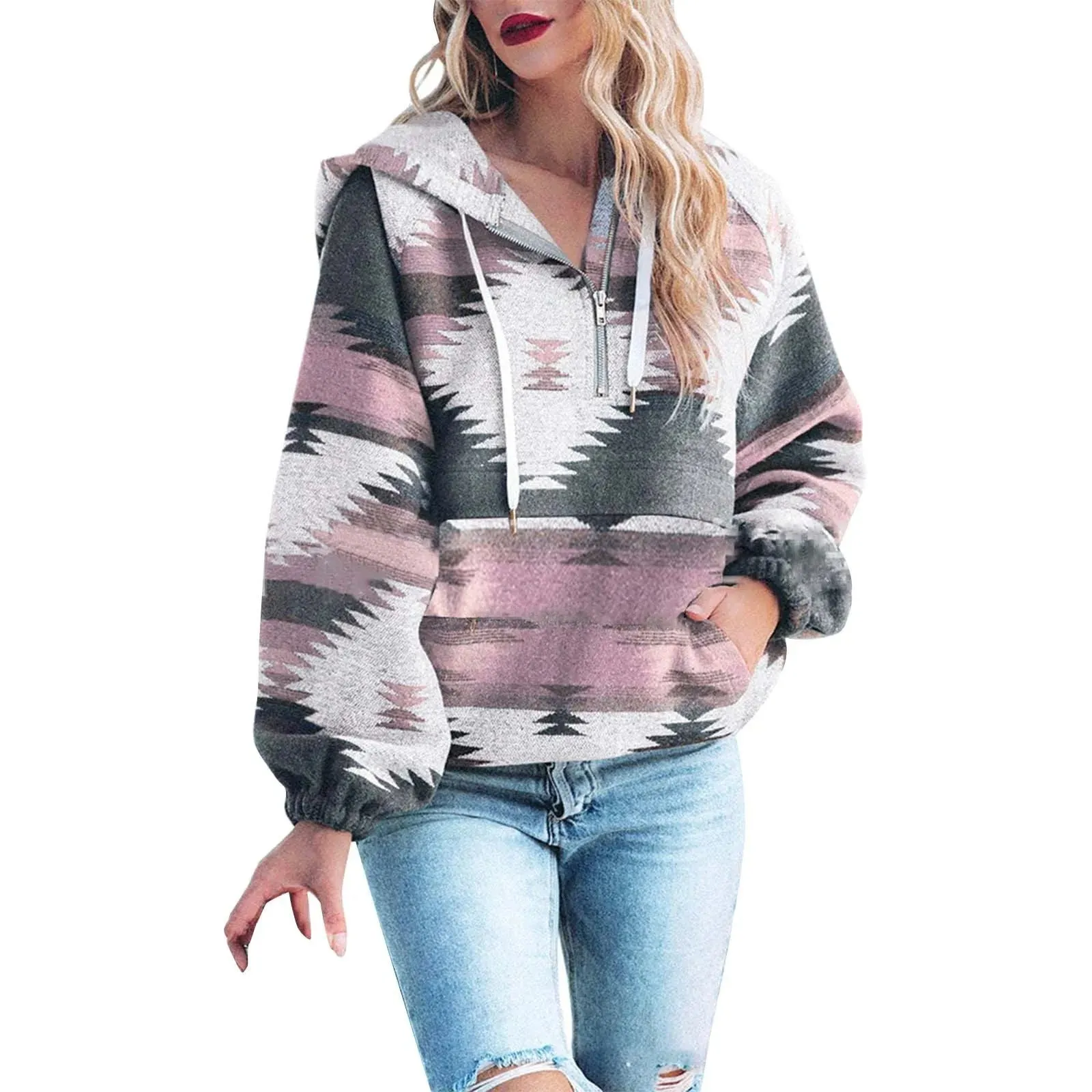 Women's retro fashion half-zip long sleeve sweatshirt with digital print, loose fit pullover in polyester, colour M2590801