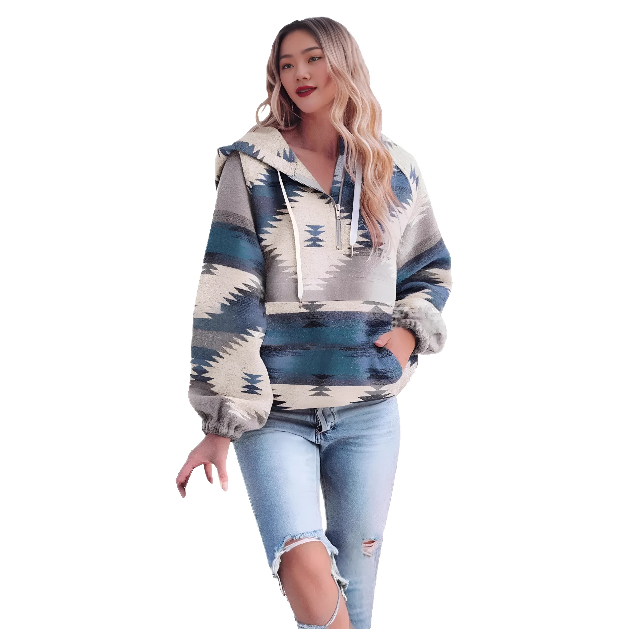 Women's retro fashion half-zip long sleeve sweatshirt with digital print, loose fit pullover in polyester, colour M2590801