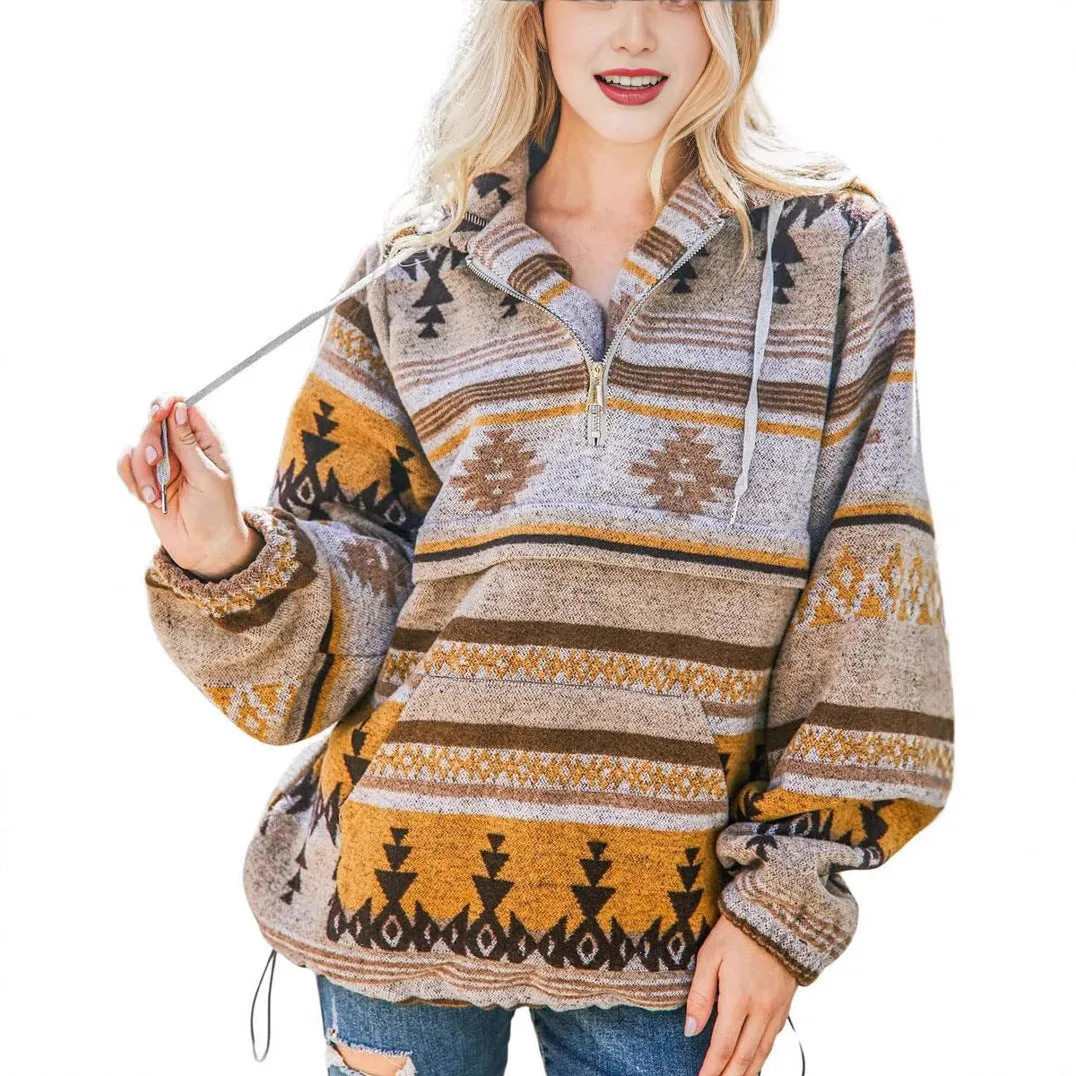 Women's retro fashion half-zip long sleeve sweatshirt with digital print, loose fit pullover in polyester, colour M2590801