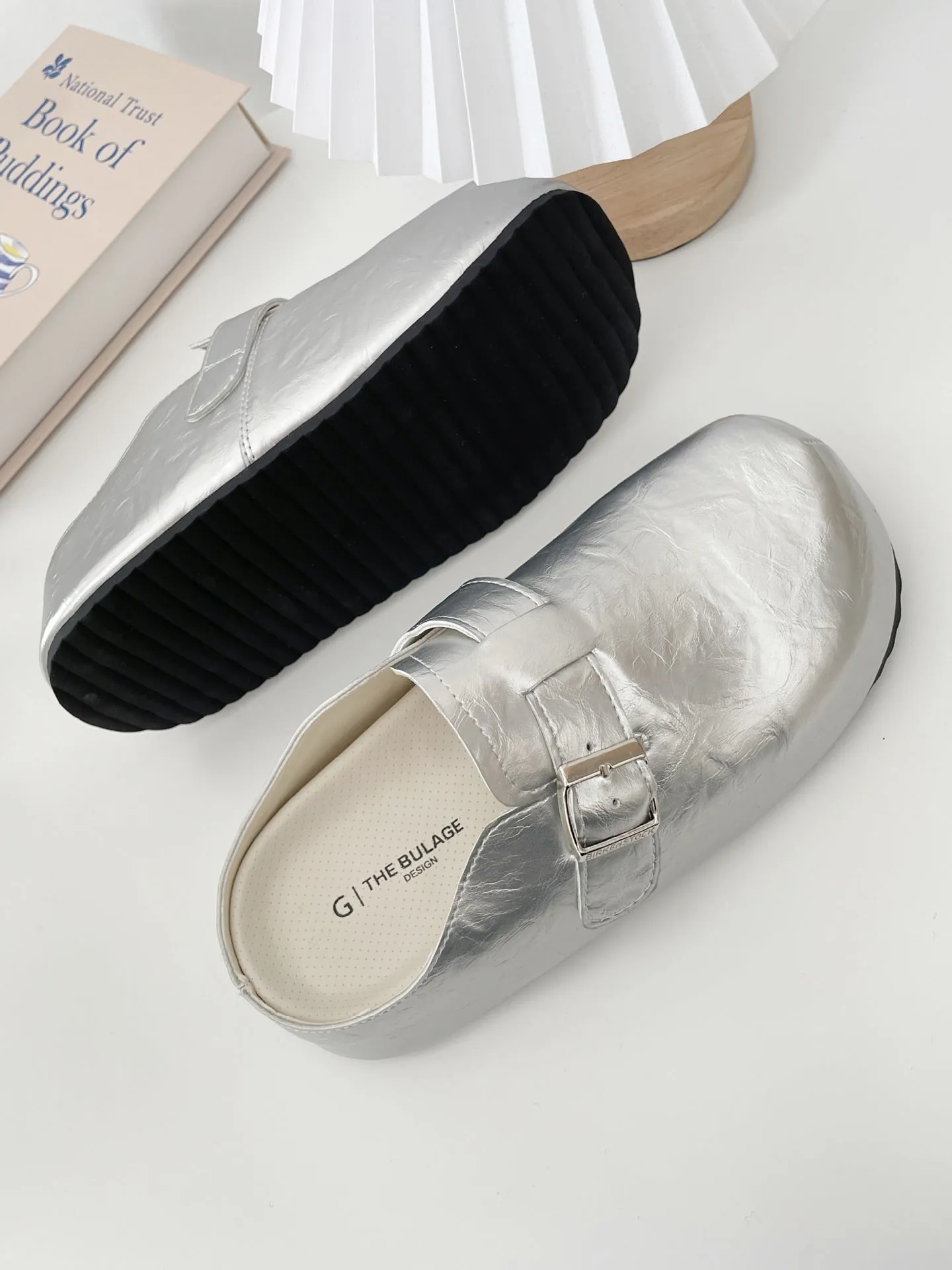 Flat buckle casual sneakers with round toe in yellow, creamy-white, silver, and black colour options