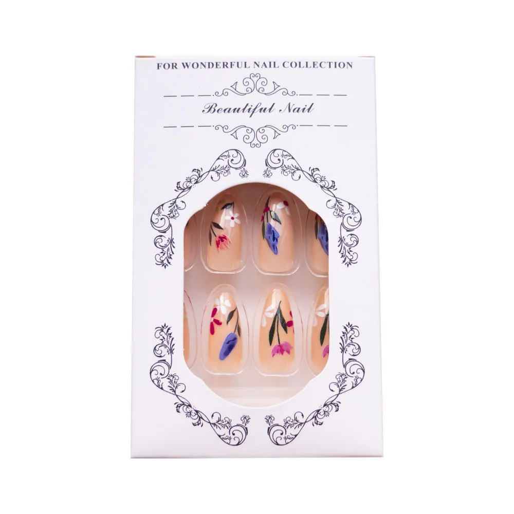 Removable flower pattern nail art set for almond-shaped nails in a rose and tulip design.