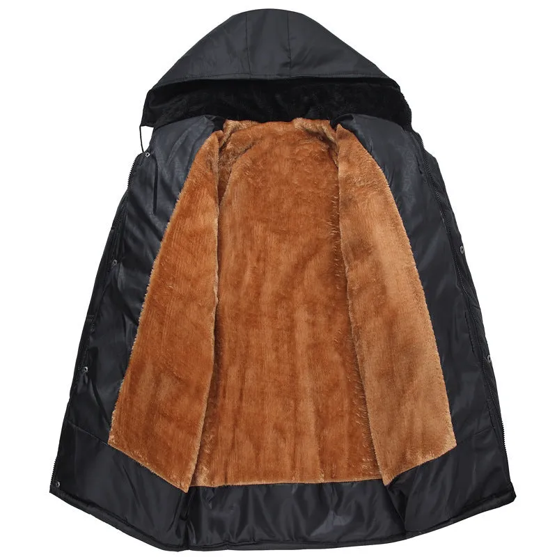 Men's winter coat jacket with detachable hat in white, yellow, and gray, loose fit polyester outerwear.