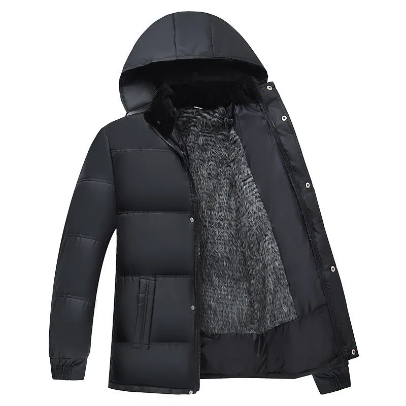 Men's winter coat jacket with detachable hat in white, yellow, and gray, loose fit polyester outerwear.