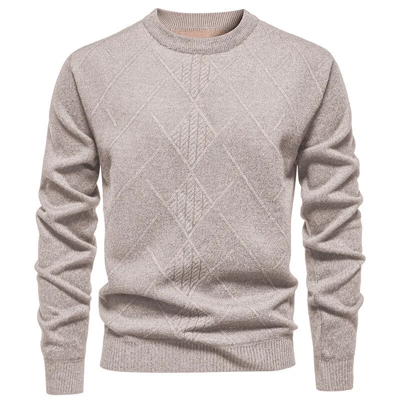 Men's fleece-lined thick round neck knitted undershirt in winter pullover style with long sleeves