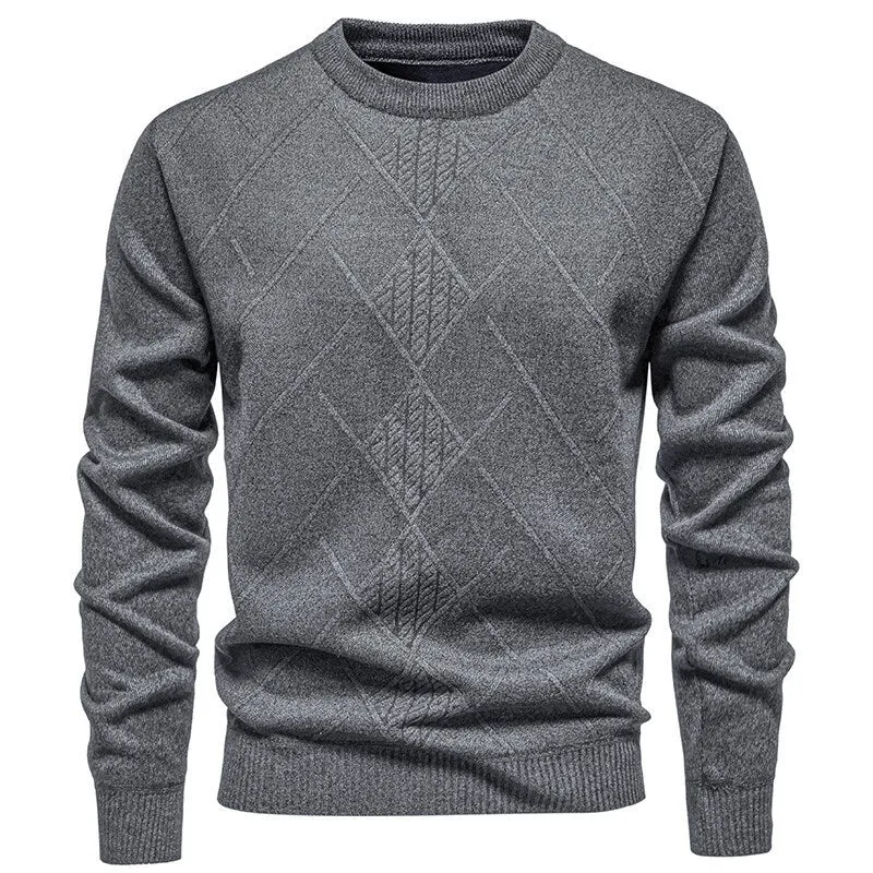 Men's fleece-lined thick round neck knitted undershirt in winter pullover style with long sleeves