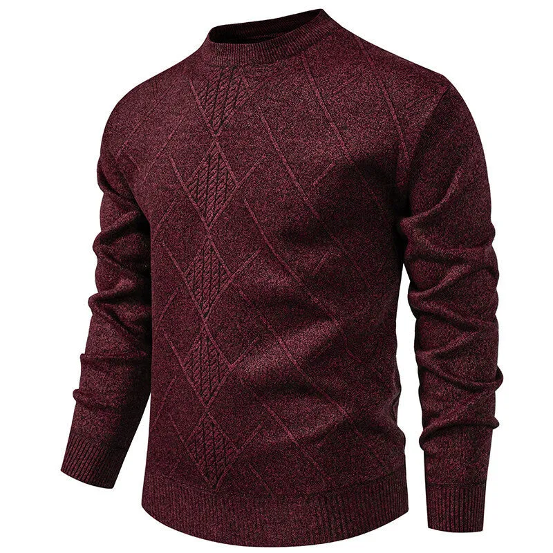 Men's fleece-lined thick round neck knitted undershirt in winter pullover style with long sleeves