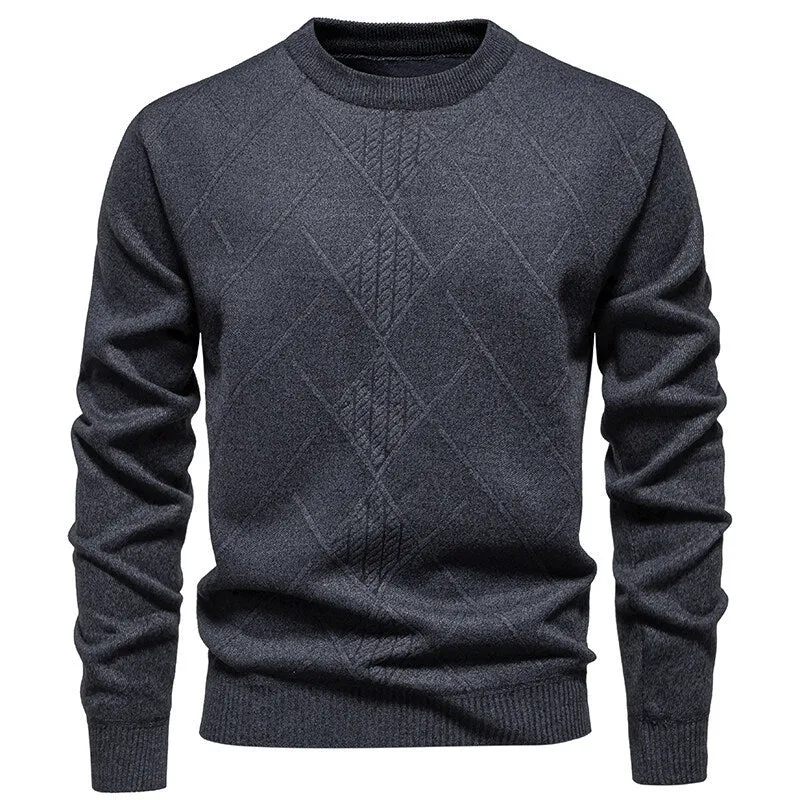 Men's fleece-lined thick round neck knitted undershirt in winter pullover style with long sleeves