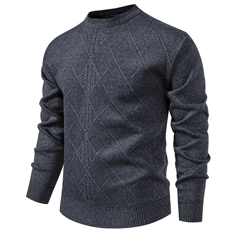 Men's fleece-lined thick round neck knitted undershirt in winter pullover style with long sleeves