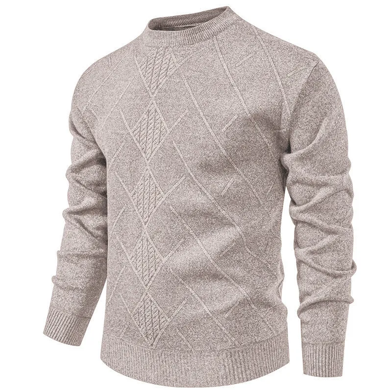 Men's fleece-lined thick round neck knitted undershirt in winter pullover style with long sleeves