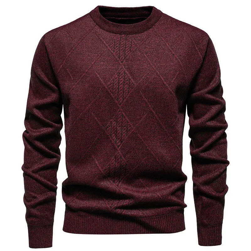 Men's fleece-lined thick round neck knitted undershirt in winter pullover style with long sleeves