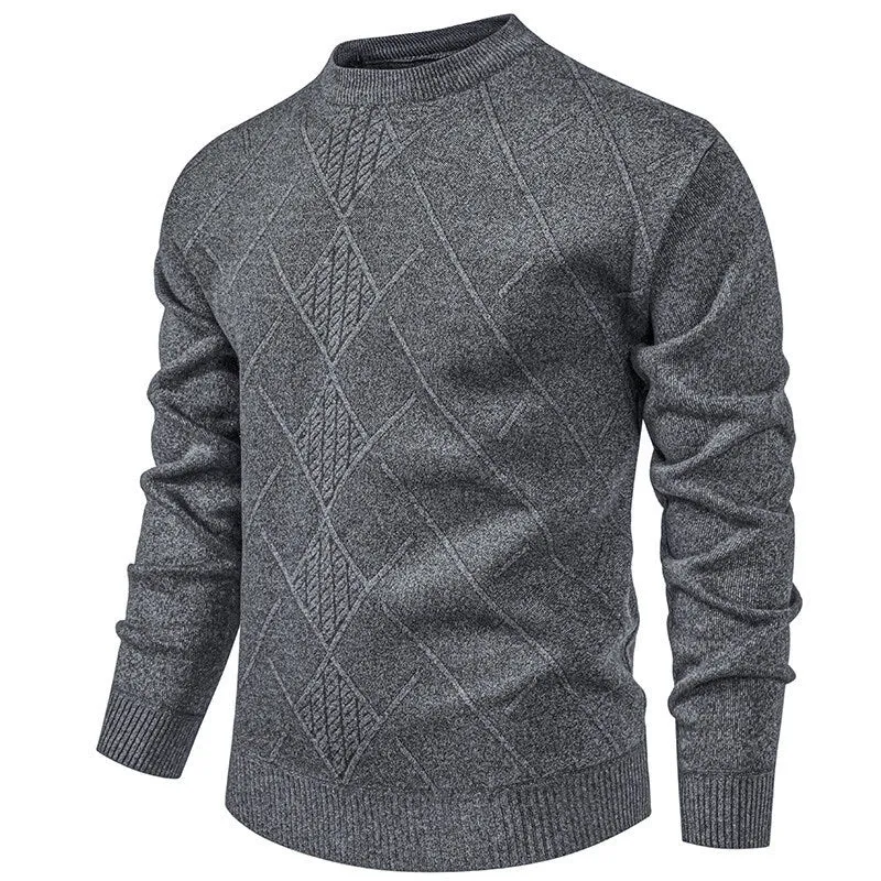 Men's fleece-lined thick round neck knitted undershirt in winter pullover style with long sleeves