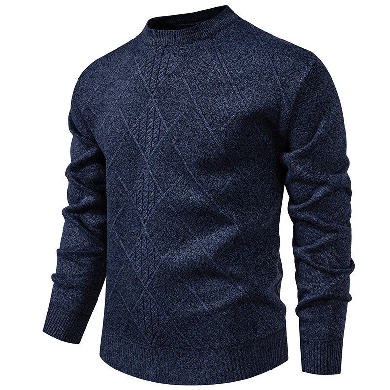 Men's fleece-lined thick round neck knitted undershirt in winter pullover style with long sleeves