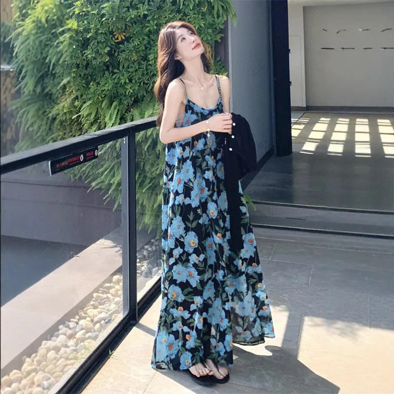 Blue floral strapless off-the-shoulder mid-length polyester dress with print, sleeveless, wide waist