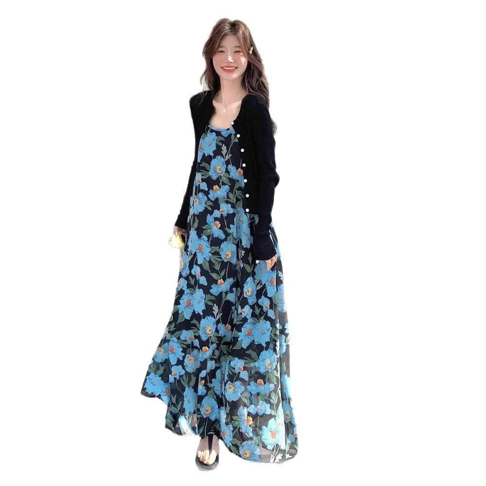 Blue floral strapless off-the-shoulder mid-length polyester dress with print, sleeveless, wide waist