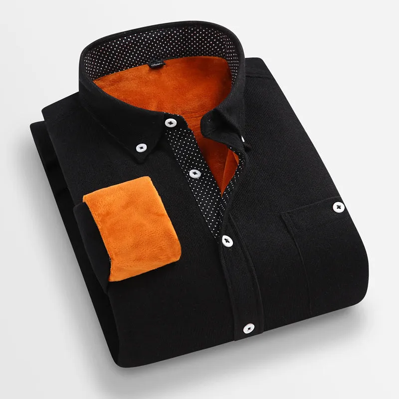 Men's thickened linen flannel shirt in navy blue with long sleeves and loose fit on a mannequin