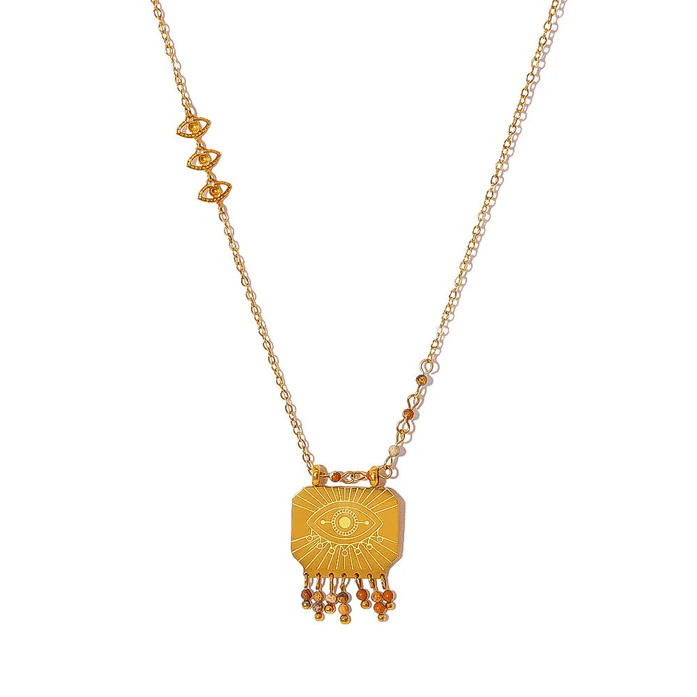 Gold retro natural stone square pendant necklace with bohemian evil eye on titanium steel chain